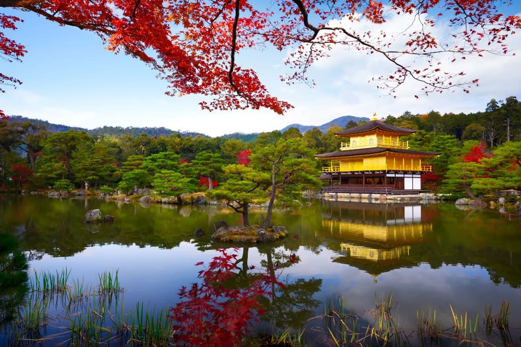 golden Japanese temple Kinkaku-ji reflected in calm pond with autumn maple leaves, Kyoto