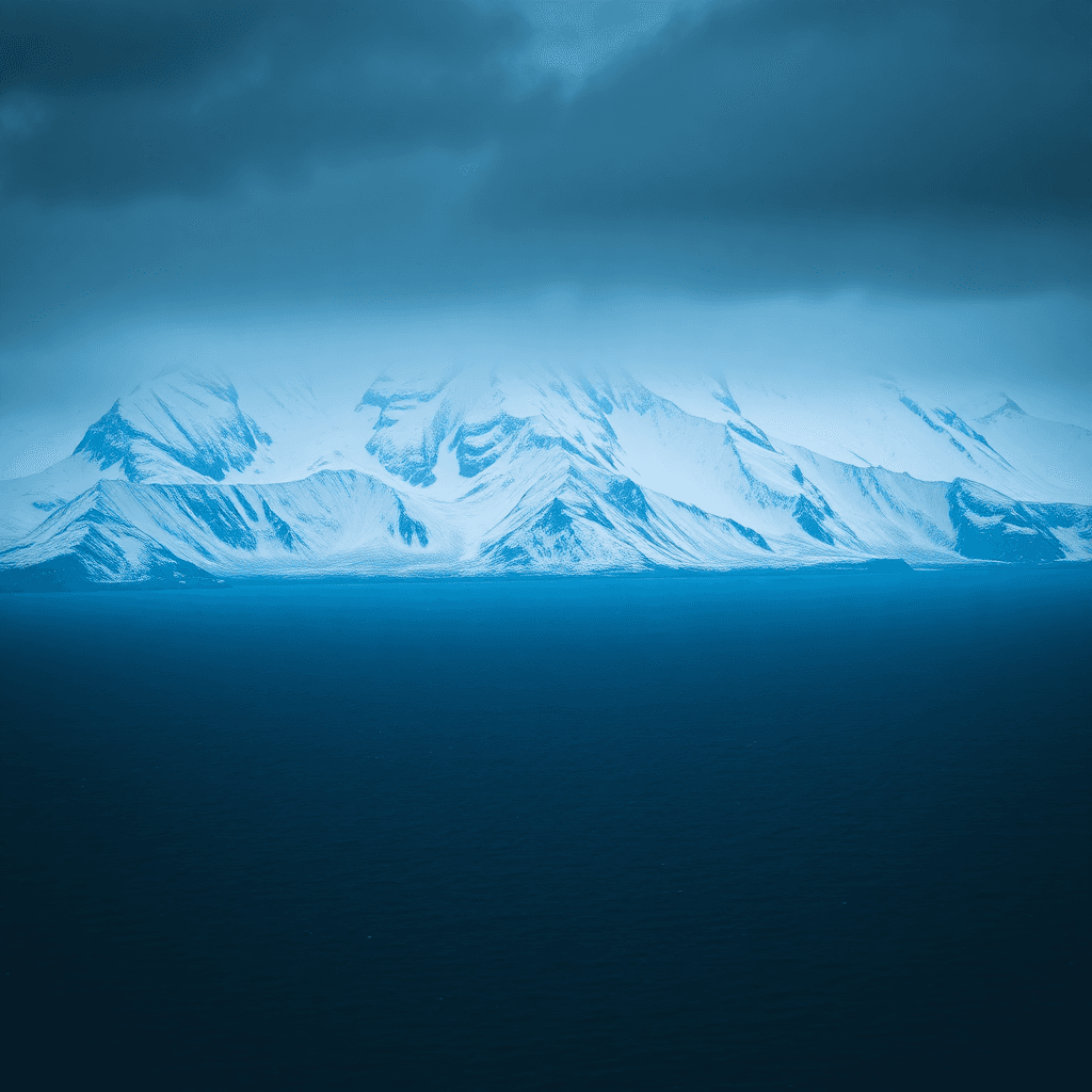 cinematic landscape combining majestic snowy mountains and deep blue ocean, atmospheric, moody, high contrast, national geographic style, 8k resolution
